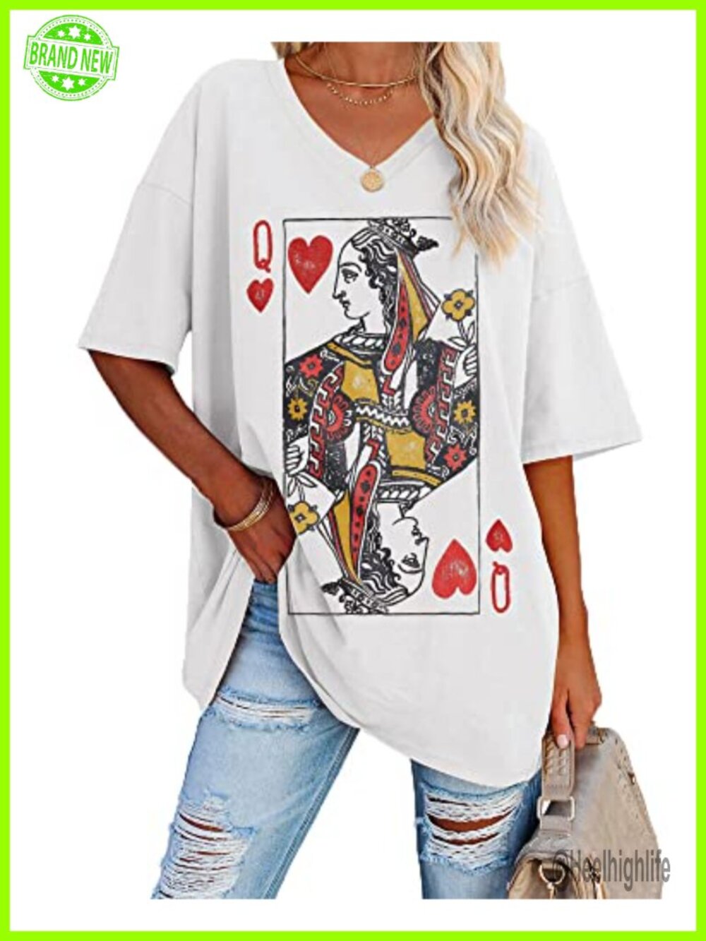 Oversized Queen of Hearts Graphic V-Neck Tunic Tee Short Sleeve Summer Top